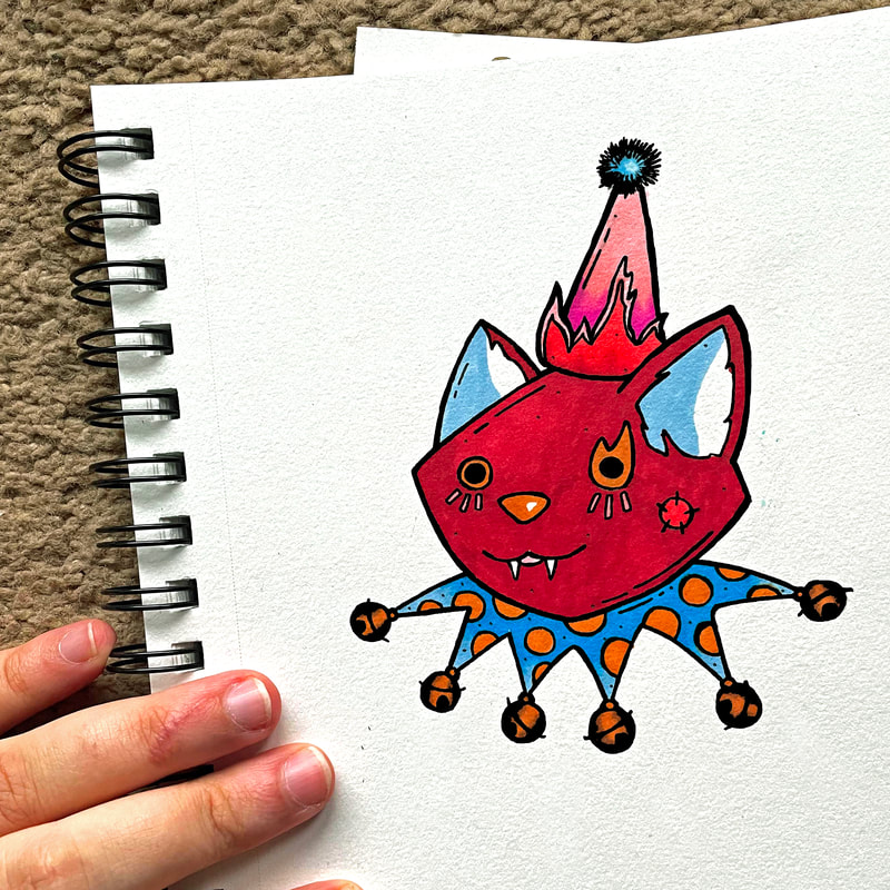 illustration of a red cat face with a little clown hat