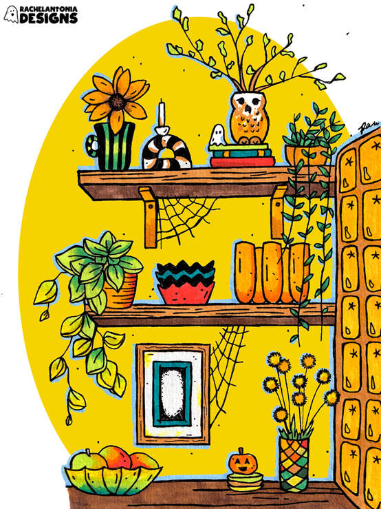 Illustration of plants, glasses, and various items on wood shelves in a warm color palette