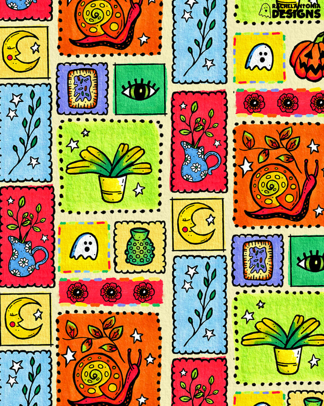 Repeating pattern of multicolor snails, plants, eyes, moons, ghosts and flowers