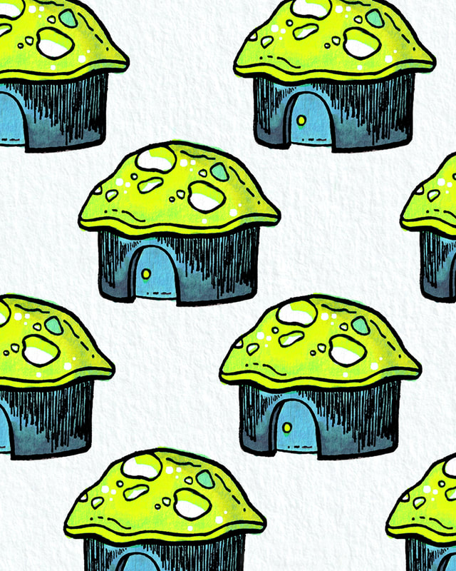 repeating pattern of a mushroom house in teal and neon green