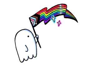 illustrationg of ghost holding the progress pride flag